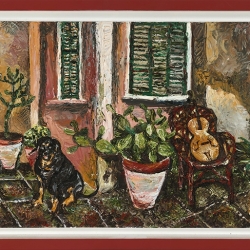 Shutters, Dog and Guitar - Framed Oil on board - 60cm by 40cm