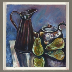 Jug, Teapot and Pears - Framed acrylic on Board - 48cm by 49cm